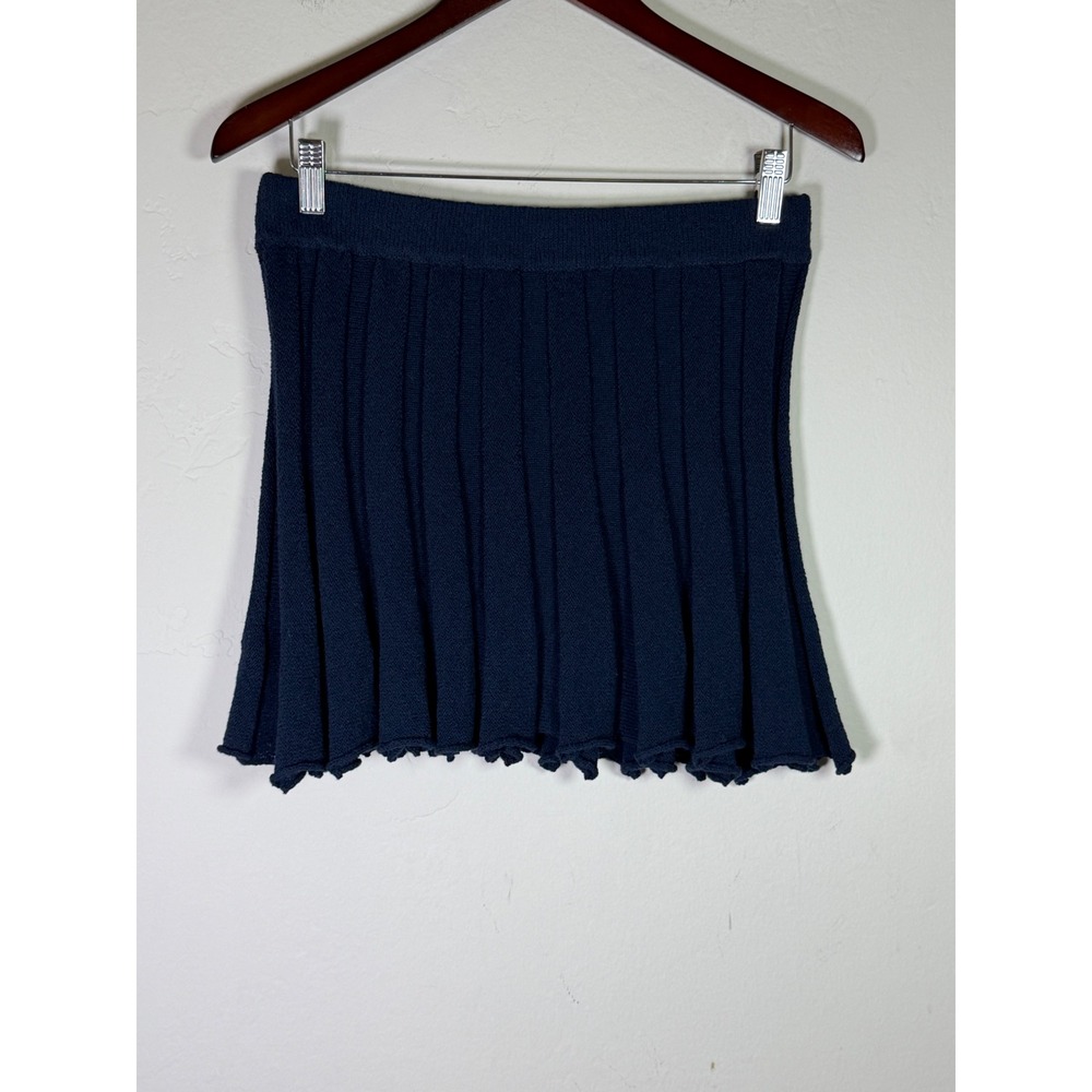 Free People Free-Est Navy Blue Ribbed Knit Mini Skirt Lettuce Hem Womens Medium